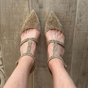 Sole Society Leopard-Print Pointed T-Strap Flats in Tan and Black